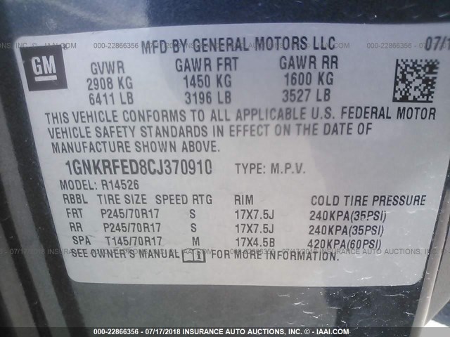 1GNKRFED8CJ370910 - 2012 CHEVROLET TRAVERSE LS GRAY photo 9