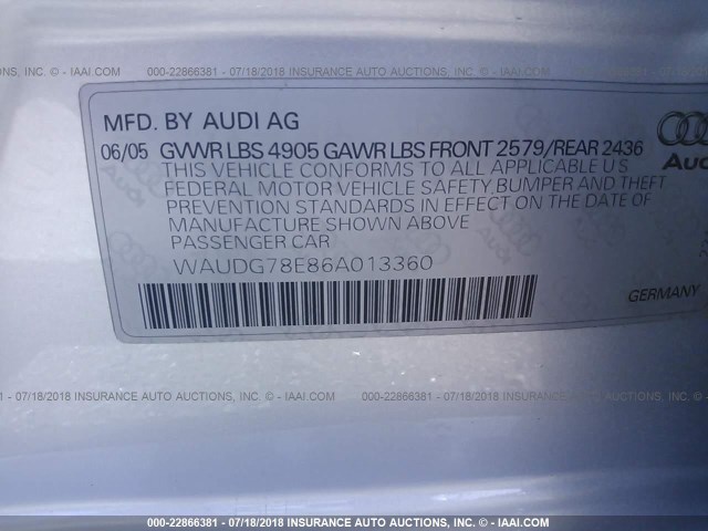 WAUDG78E86A013360 - 2006 AUDI A4 3.2 QUATTRO SILVER photo 9