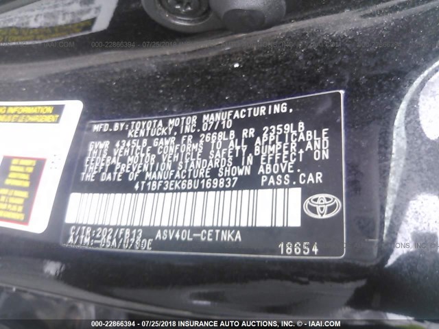 4T1BF3EK6BU169837 - 2011 TOYOTA CAMRY SE/LE/XLE BLACK photo 9