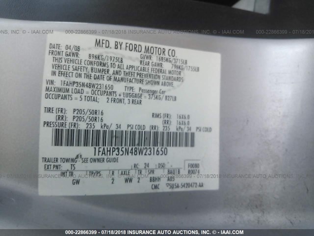 1FAHP35N48W231650 - 2008 FORD FOCUS SE/SEL/SES SILVER photo 9