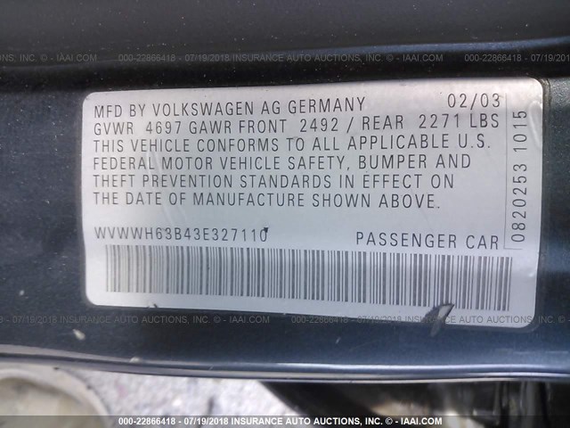 WVWWH63B43E327110 - 2003 VOLKSWAGEN PASSAT GLX 黑色 照片 9