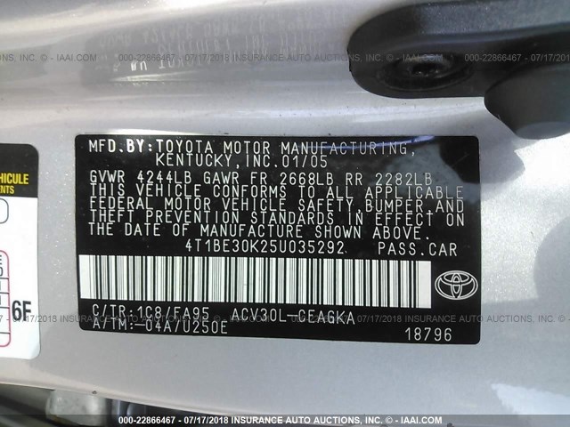 4T1BE30K25U035292 - 2005 TOYOTA CAMRY LE/XLE/SE ვერცხლისფერი ფოტო 9