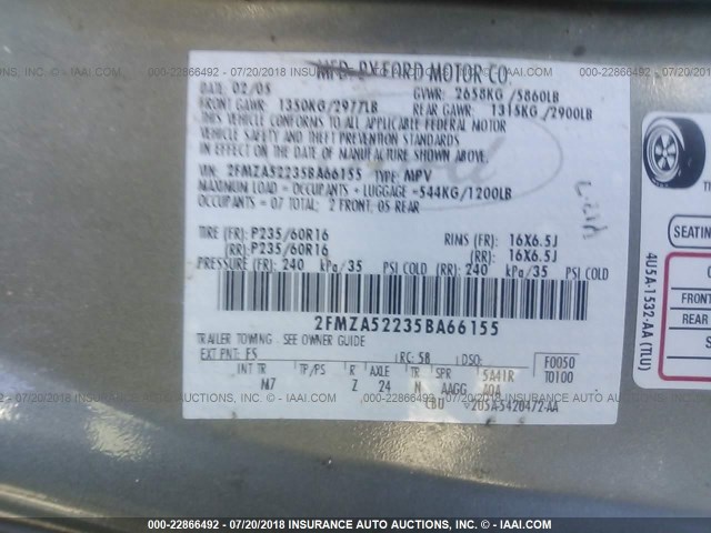 2FMZA52235BA66155 - 2005 FORD FREESTAR SEL GRAY photo 9