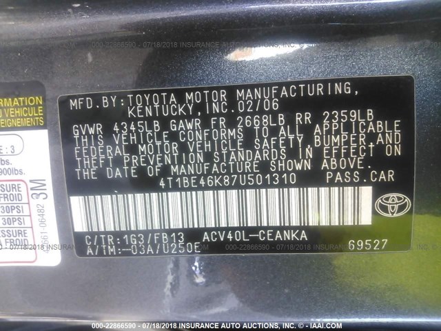 4T1BE46K87U501310 - 2007 TOYOTA CAMRY NEW GENERAT CE/LE/XLE/SE GRAY photo 9