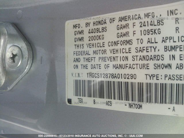 1HGCS12878A010290 - 2008 HONDA ACCORD EXL SILVER photo 9