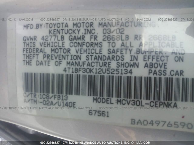 4T1BF30K12U525134 - 2002 TOYOTA CAMRY LE/XLE/SE 银色 照片 9
