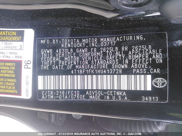 4T1BF1FK1HU413728 - 2017 TOYOTA CAMRY LE/XLE/SE/XSE 黑色 照片 9