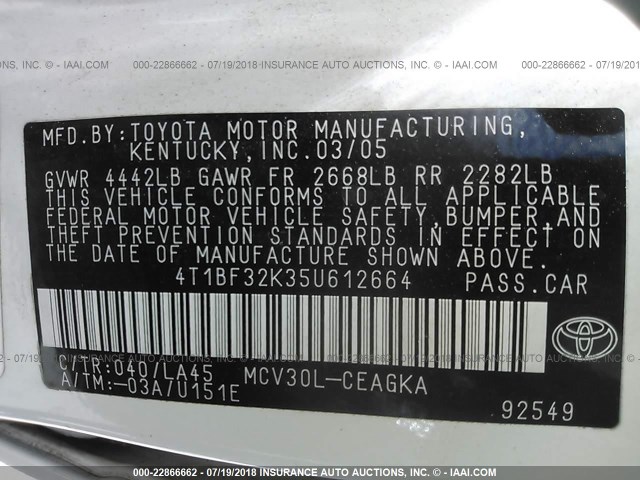 4T1BF32K35U612664 - 2005 TOYOTA CAMRY LE/XLE/SE Ağ foto 9