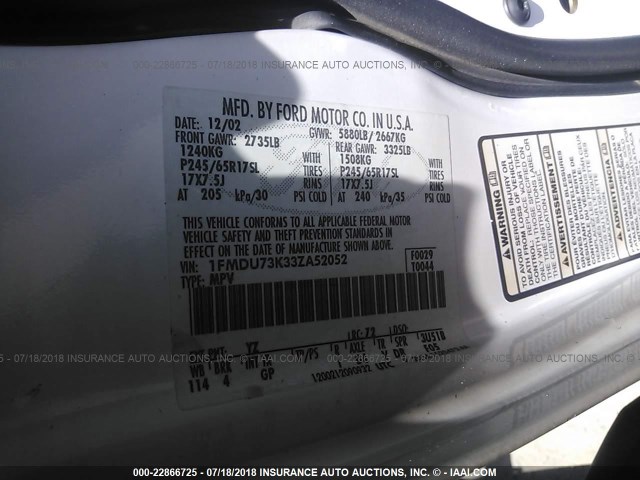 1FMDU73K33ZA52052 - 2003 FORD EXPLORER XLT/XLT SPORT/NBX 白色 照片 9