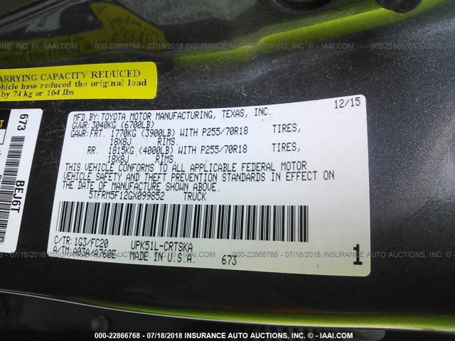 5TFRM5F12GX099852 - 2016 TOYOTA TUNDRA DOUBLE CAB SR/SR5 GRAY photo 9