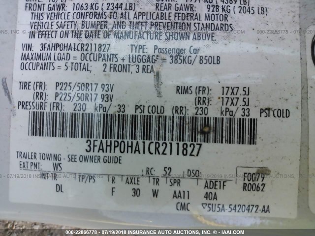 3FAHP0HA1CR211827 - 2012 FORD FUSION SE Blanc photo 9