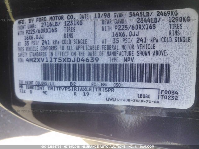 4M2XV11T5XDJ04639 - 1999 MERCURY VILLAGER 深蓝色 照片 9