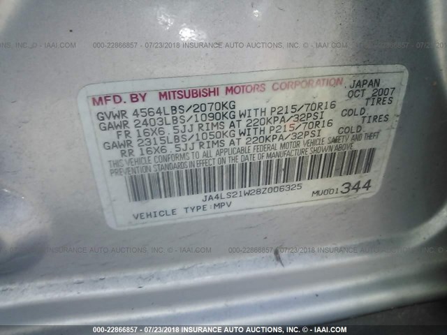 JA4LS21W28Z006325 - 2008 MITSUBISHI OUTLANDER ES 银色 照片 9