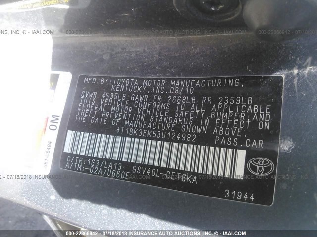 4T1BK3EK5BU124982 - 2011 TOYOTA CAMRY SE/LE/XLE ნაცრისფერი ფოტო 9