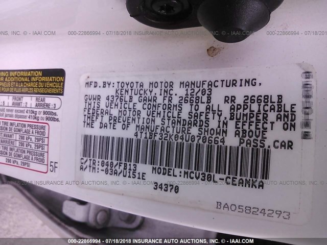 4T1BF32K04U070664 - 2004 TOYOTA CAMRY LE/XLE/SE Ağ foto 9