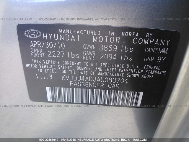 KMHDU4AD3AU083704 - 2010 HYUNDAI ELANTRA BLUE/GLS/SE GRAY photo 9