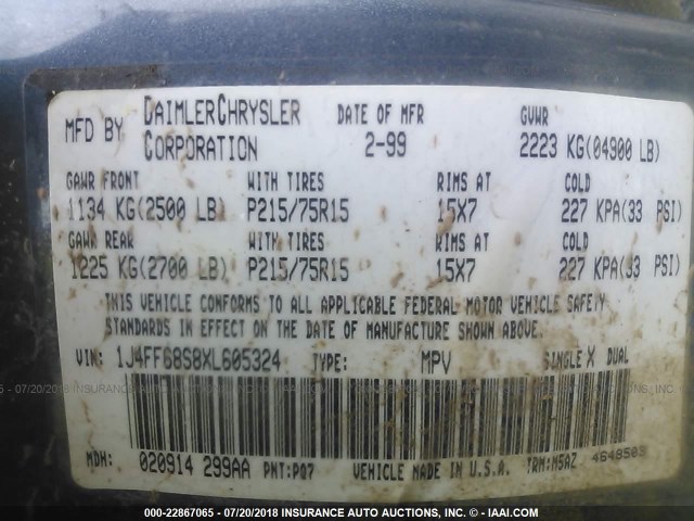 1J4FF68S8XL605324 - 1999 JEEP CHEROKEE SPORT/CLASSIC ლურჯი ფოტო 9