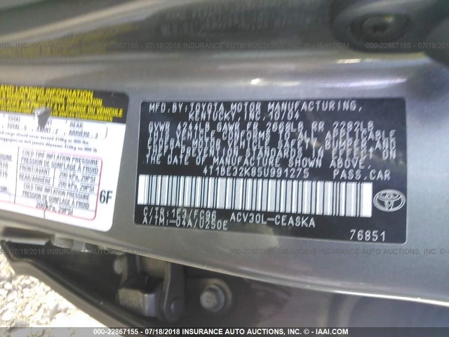 4T1BE32K85U991275 - 2005 TOYOTA CAMRY LE/XLE/SE Boz foto 9