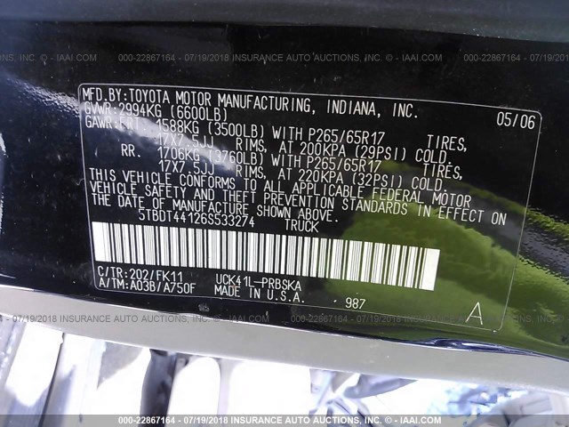 5TBDT44126S533274 - 2006 TOYOTA TUNDRA DOUBLE CAB SR5 BLACK photo 9