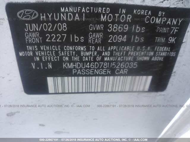 KMHDU46D78U526035 - 2008 HYUNDAI ELANTRA GLS/SE/LIMITED WHITE photo 9