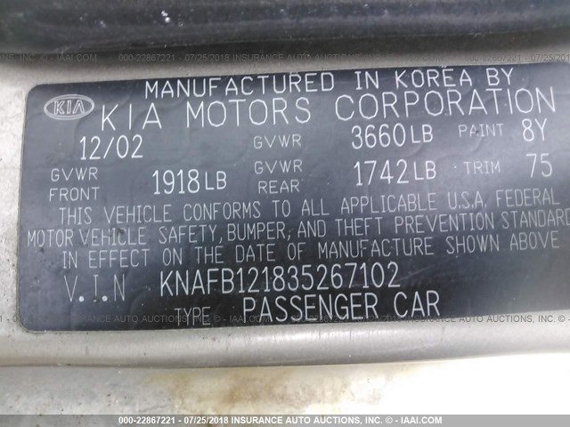 KNAFB121835267102 - 2003 KIA SPECTRA LS TAN photo 9