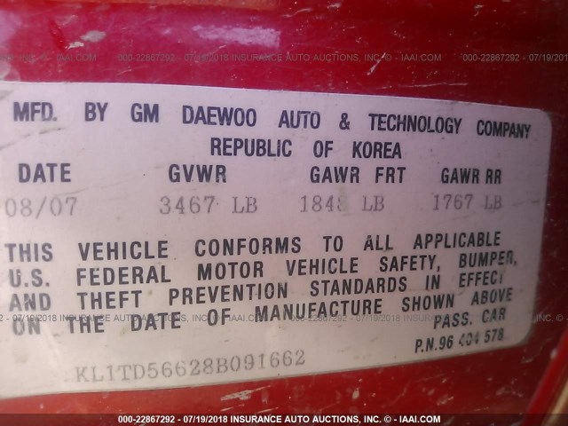 KL1TD56628B091662 - 2008 CHEVROLET AVEO LS RED photo 9