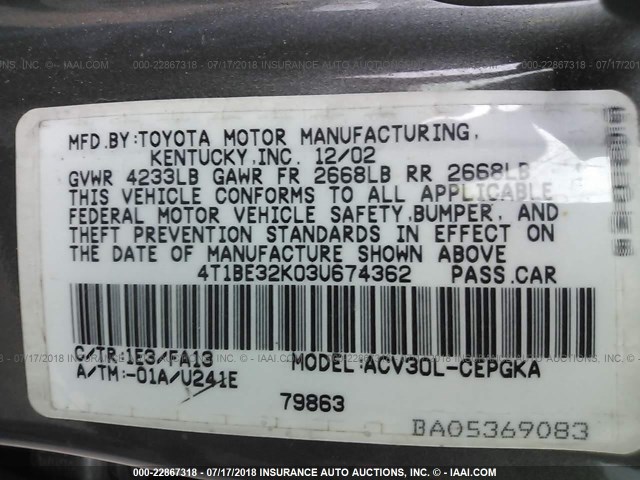 4T1BE32K03U674362 - 2003 TOYOTA CAMRY LE/XLE/SE GRAY photo 9