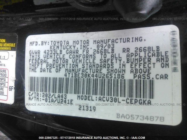 4T1BE30K44U265186 - 2004 TOYOTA CAMRY LE/XLE/SE 黑色 照片 9