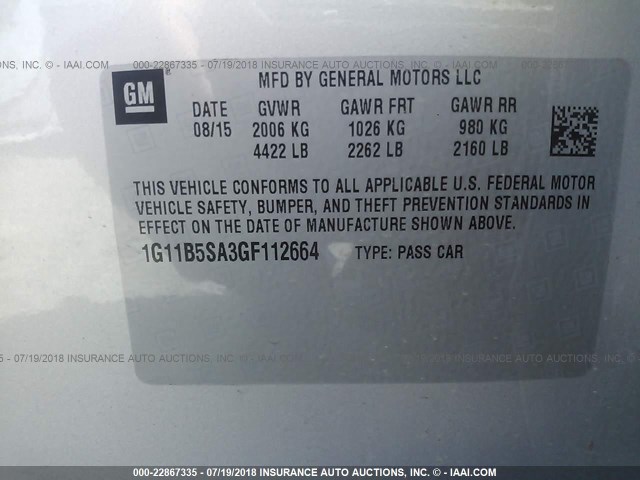 1G11B5SA3GF112664 - 2016 CHEVROLET MALIBU LIMITED LS SILVER photo 9