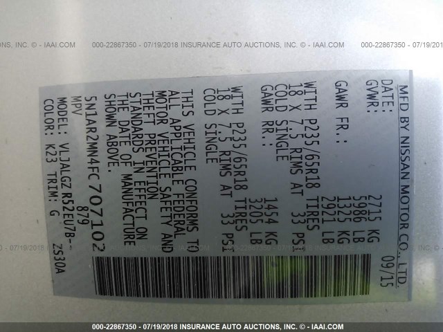 5N1AR2MN4FC707102 - 2015 NISSAN PATHFINDER S/SV/SL/PLATINUM SILVER photo 9