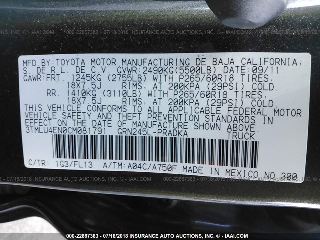 3TMLU4EN0CM081791 - 2012 TOYOTA TACOMA DOUBLE CAB ნაცრისფერი ფოტო 9