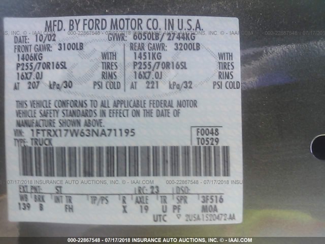 1FTRX17W63NA71195 - 2003 FORD F150 GREEN photo 9