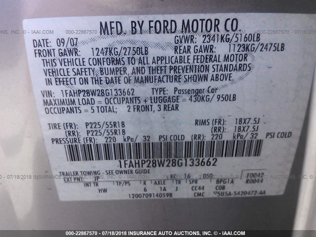 1FAHP28W28G133662 - 2008 FORD TAURUS LIMITED SILVER photo 9