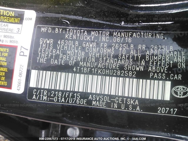 4T1BF1FK0HU282582 - 2017 TOYOTA CAMRY LE/XLE/SE/XSE 黑色 照片 9