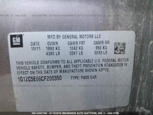 1G1ZC5E08CF200350 - 2012 CHEVROLET MALIBU 1LT 灰色 照片 9