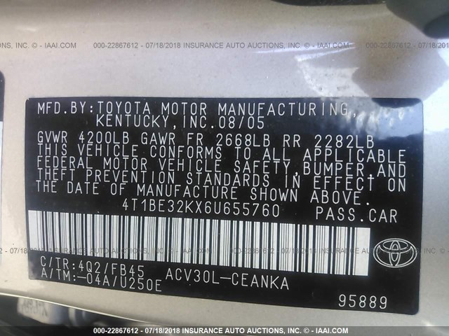 4T1BE32KX6U655760 - 2006 TOYOTA CAMRY LE/XLE/SE Qızıl foto 9