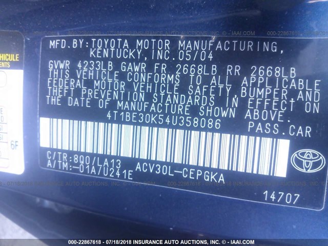 4T1BE30K54U358086 - 2004 TOYOTA CAMRY LE/XLE/SE BLUE photo 9