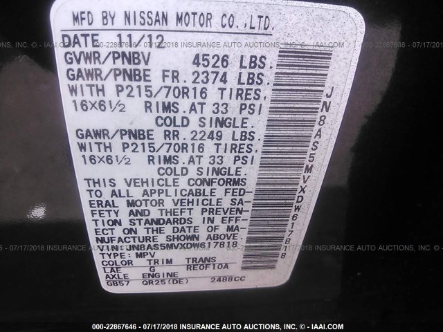 JN8AS5MVXDW617818 - 2013 NISSAN ROGUE S/SV GRAY photo 9