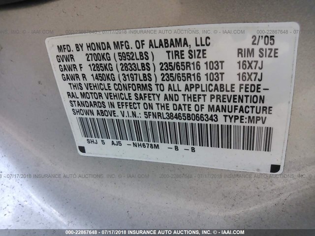 5FNRL38465B066343 - 2005 HONDA ODYSSEY EX SILVER photo 9