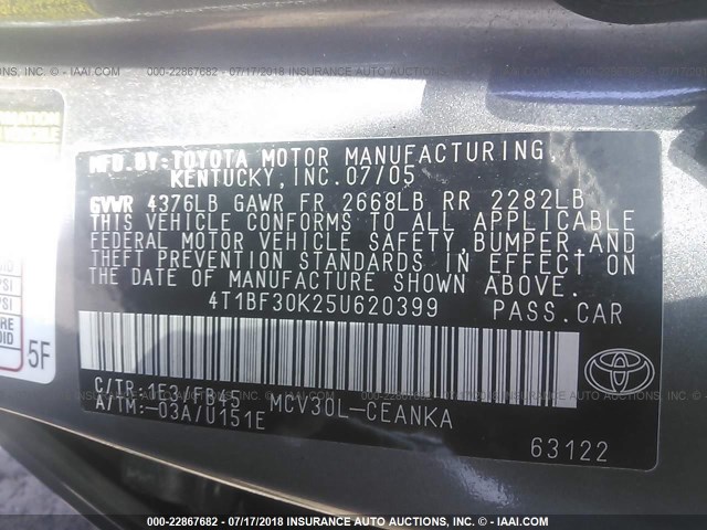 4T1BF30K25U620399 - 2005 TOYOTA CAMRY LE/XLE/SE 灰色 照片 9