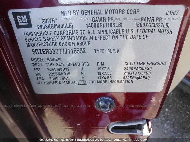 5GZER33777J116532 - 2007 SATURN OUTLOOK SPECIAL წითელი ფოტო 9