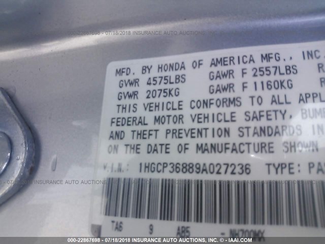 1HGCP36889A027236 - 2009 HONDA ACCORD EXL SILVER photo 9