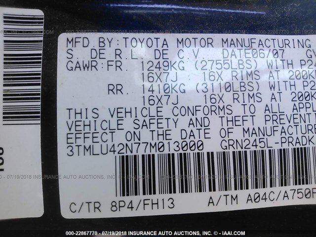 3TMLU42N77M013000 - 2007 TOYOTA TACOMA DOUBLE CAB BLACK photo 9