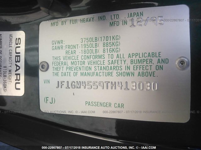 JF1GM4559TH413030 - 1996 SUBARU IMPREZA LX GREEN photo 9