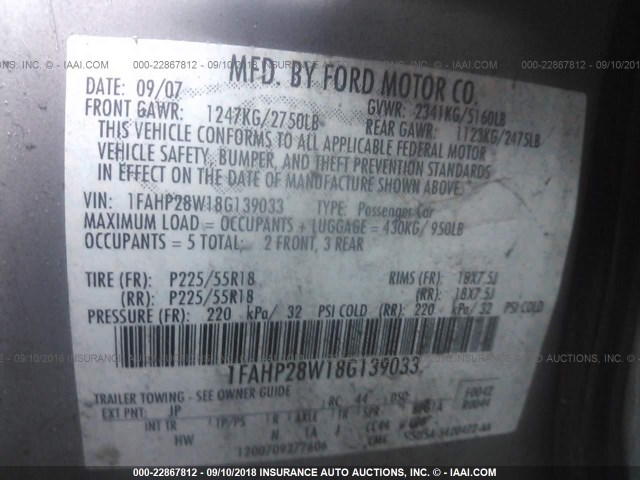 1FAHP28W18G139033 - 2008 FORD TAURUS LIMITED SILVER photo 9