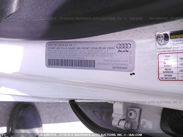 WAUSGAFC5CN008689 - 2012 AUDI A7 PRESTIGE WHITE photo 9