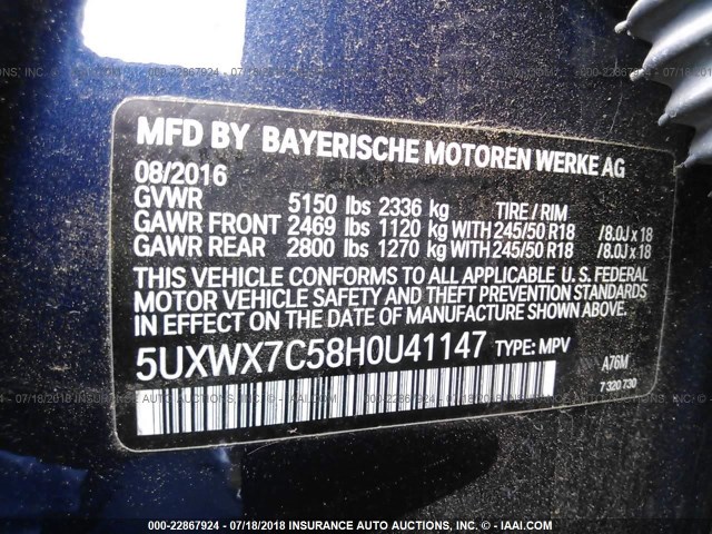 5UXWX7C58H0U41147 - 2017 BMW X3 XDRIVE35I BLUE photo 9