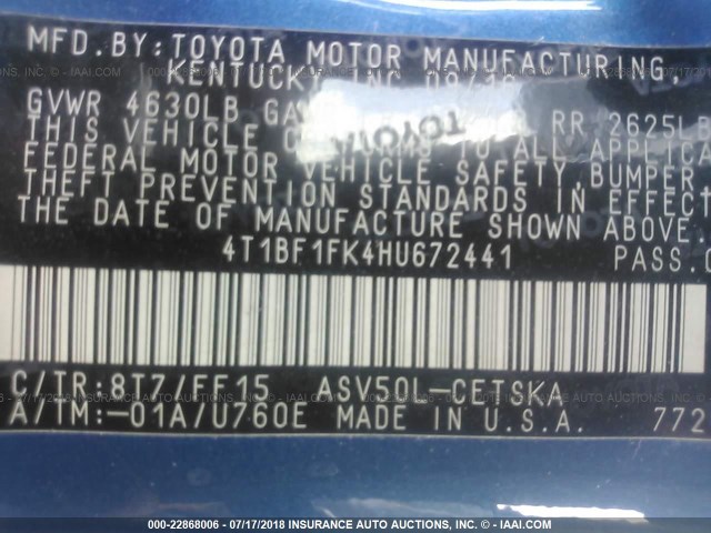 4T1BF1FK4HU672441 - 2017 TOYOTA CAMRY LE/XLE/SE/XSE 蓝色 照片 9