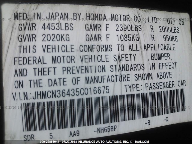 JHMCN36435C016675 - 2005 HONDA ACCORD HYBRID GRAY photo 9