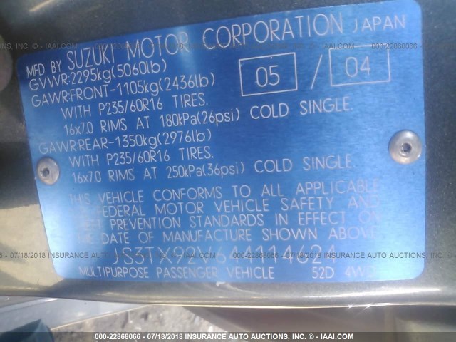 JS3TX92V644114624 - 2004 SUZUKI XL7 EX/LX Light Blue photo 9